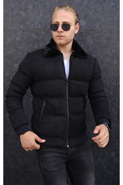 FAMODA Men's Black Fur Collar Suede Coat