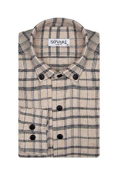 SÜVARİ Süvari Slim Fit Desenli Flanel Uzun Bej Erkek Gömlek