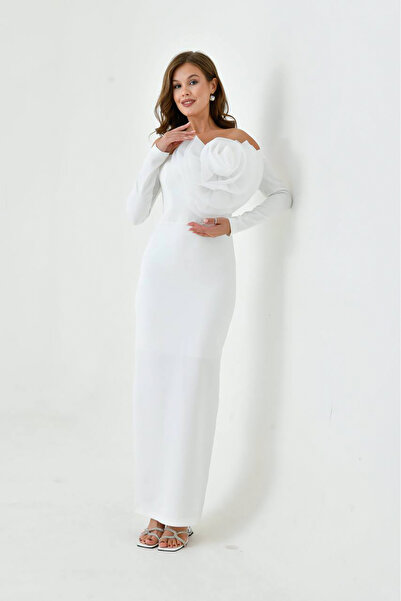 Neşeli Butik γυναικείο μακρύ βραδινό φόρεμα με λεπτομέρεια τριαντάφυλλου NBS9364