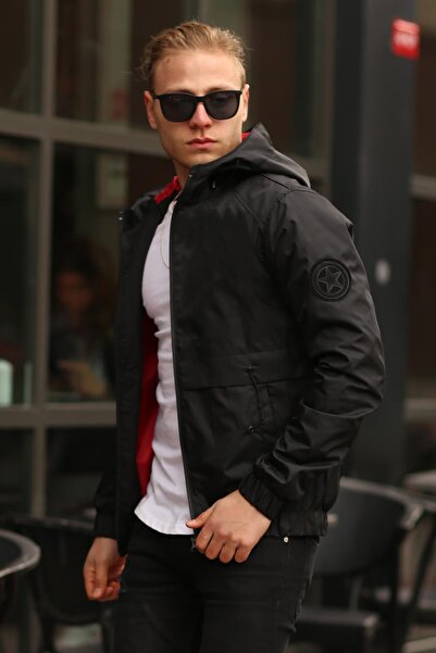 FAMODA Jachetă de sezon neagră cu glugă pentru bărbați