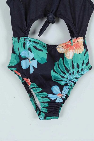 Minigimin Cicileri My Little Girl's Palm Patterned Girl's Swimsuit with Tie-Up Breasts - Navy Blue