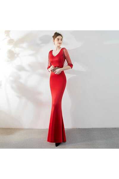 MODAS V YAKA KOLU BONCUKLU UZUN KREP ABİYE ELBİSE