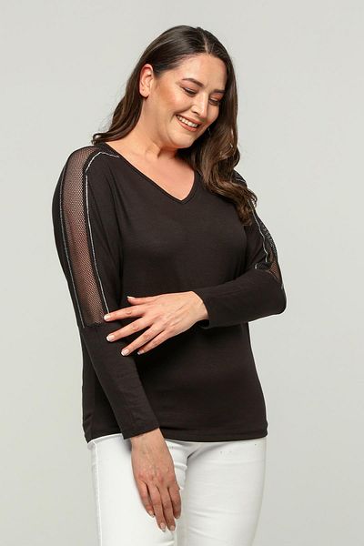 Ebsumu Women's Large Size Bat Sleeve Mesh and Stone Detailed Black Blouse