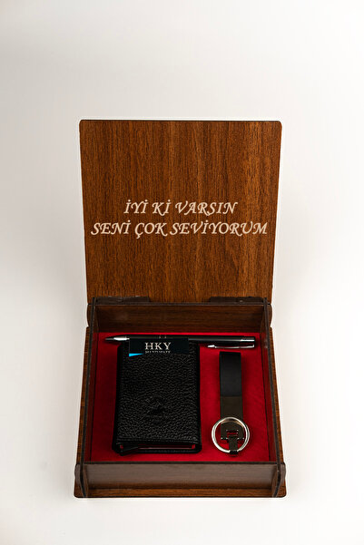 Westpolo Ahşap Kutulu Mekanizmalı Erkek Cüzdan Kalem Anahtarlık Set Isme Özel...