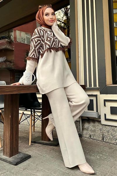 DEMİRBY Women's Beige Knitwear Tunic Trousers Double Set