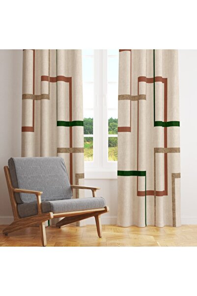 Evmila Cream Colored Modern Patterned Kitchen and Bedroom - Single Wing Velvet Background Curtain