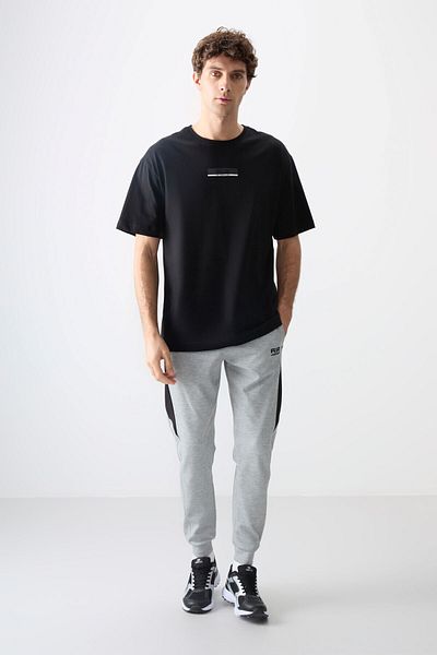 AIR JONES Tricou pentru bărbați, negru, 100% bumbac, gros, moale, cu textura supradimensionată, imprimat - 88359