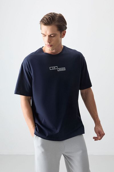 AIR JONES Мъжка тениска Oversize Fit с щампа, тъмносиня, 100% памучна, плътна, мека текстура - 88361