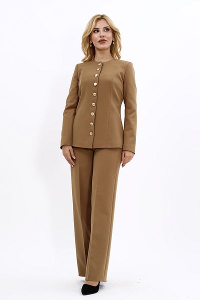 ÖNDER ÖZSOY Camel Jacket and Wide Leg Trousers Set - Neck Button and Belt