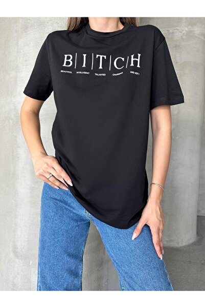 mydukkan.co Bitch Baskı Basic T-Shirt Μαύρο