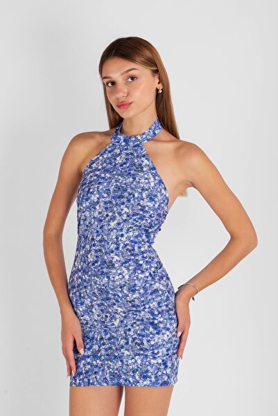 Sokak Butik Taş Desenli Sırt Dekolteli Mavi Mini Elbise