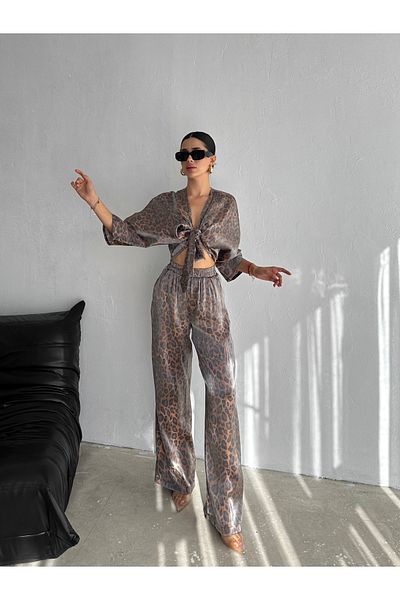QUTTA Women's Leopard Patterned Tied Casual Leopard Patterned Set