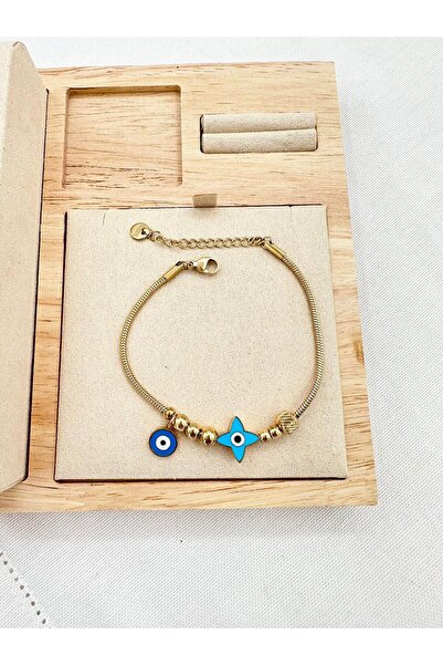 Jerie Gold Yonca Charm Nazar Göz Çelik Bileklik