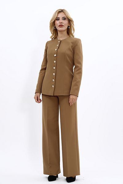 ÖNDER ÖZSOY Camel Jacket and Wide Leg Trousers Set - Neck Button and Belt