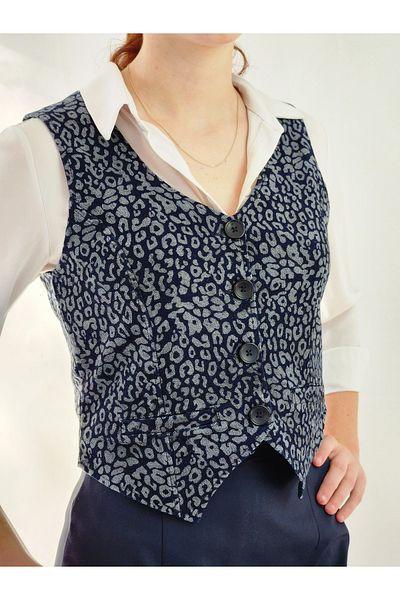YAXİ Women's Leopard Patterned Decoration Pocket Buttoned Jeans Vest
