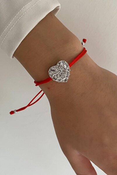 Jerie Silver Baget Taş İşlemeli Gümüş Kalp Ayarlanabilir Asansörlü Kırmızı İp...