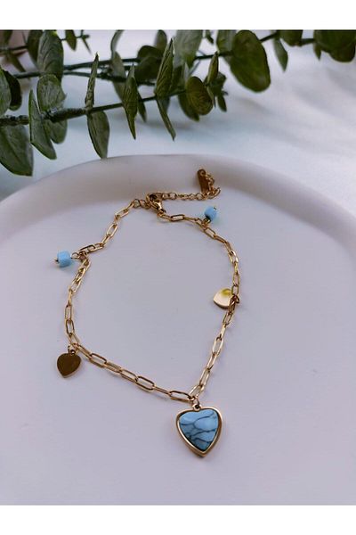Jerie Turquoise Gold Steel Anklet - Heart Detailed