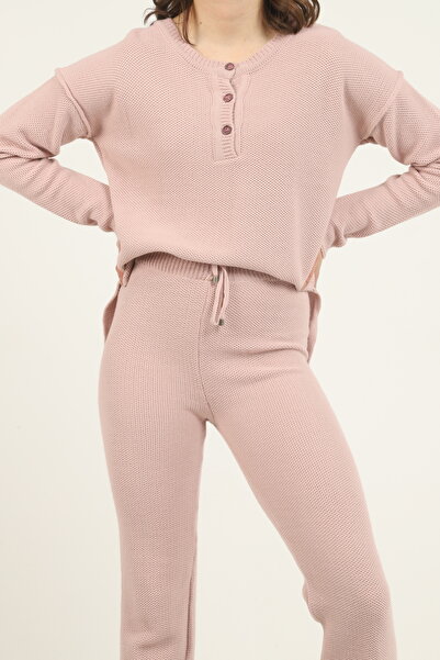 Blue Petrol Women's Crew Neck Buttoned Knitwear Set