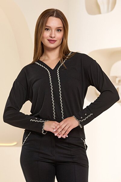 Cossy By Aqua 25342 Γυναικείο μαύρο μακρυμάνικο μεγάλο μέγεθος αθλητικό σετ 2 τεμαχίων κάτω επάνω