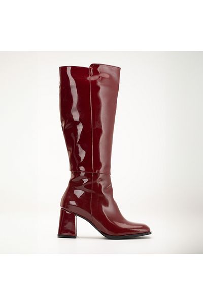 ÜNAL ÖZER Claret Red Patent Leather Zippered Women's Heeled Boots - Below the Knee Classic Un001-0131