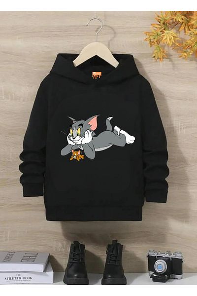 FML MODA TASARIM DİKİŞ Дейзи Детски памучен черен детски суичър със специален дизайн с щампи на Том и Джери