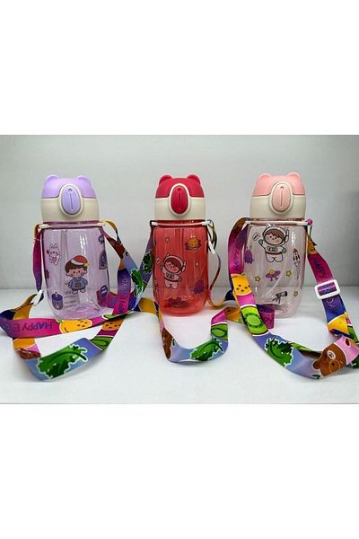 LEON LİFE Colorful Teddy Bear Children's Water Bottle 500 Ml Bpa Free School Water Bottle with Carrying Strap Drip-Free