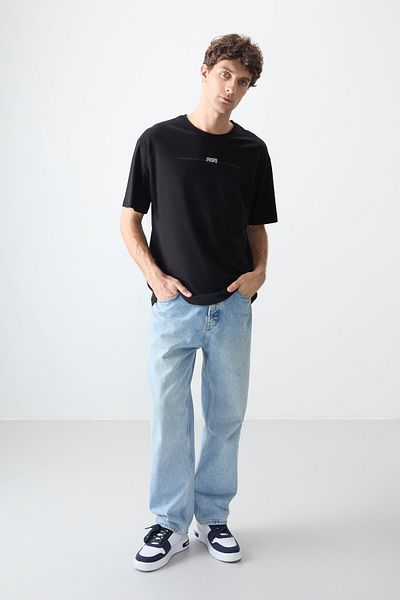 AIR JONES Tricou pentru bărbați, negru, 100% bumbac, gros și moale, cu textura supradimensionată, imprimat - 88357