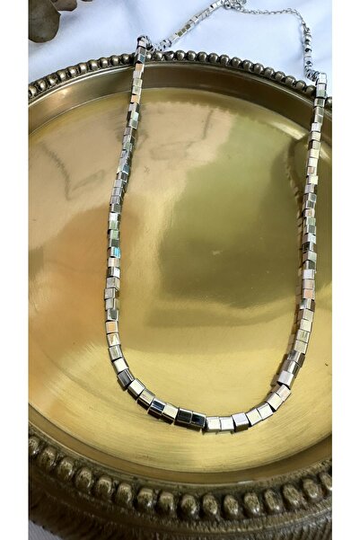 Jerie Gold Silver Küp Detaylı Boru Plaka Kolye