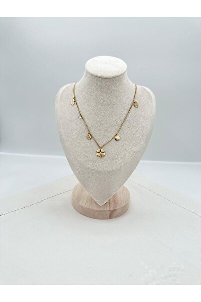 Jerie Gold Taş Detaylı Yonca Çelik Kolye