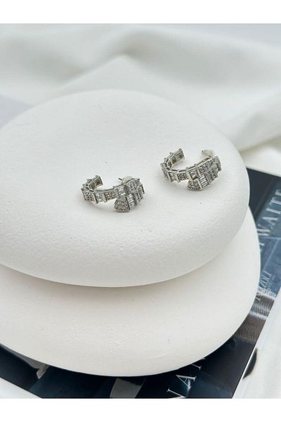 Jerie Gold and Silver Baguette and Zircon Stone Detailed Snake Design Brand Stud Earrings