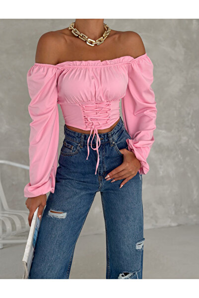 QUTTA Γυναικεία καραμέλα ροζ μπαλόνι μανίκι δεμένο κορσέ με λαιμόκοψη Madonna...