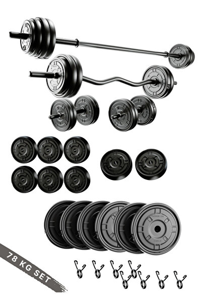 ygtsport 78 Kg ; 150 Cm Uzun Bar+ 120 Cm Z-barlı Megaset Halter Seti Ve Dambıl Seti Ağırlık Fitness Seti