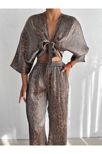 QUTTA Women's Leopard Patterned Tied Casual Leopard Patterned Set