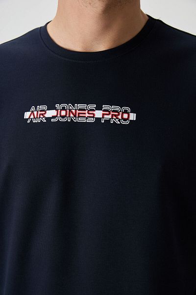 AIR JONES Тъмносиня памучна тениска с дебела повърхност и наднормена плътна щампа - 88365
