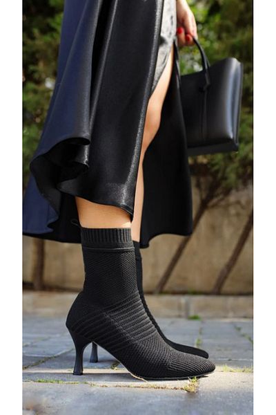 Afilli Black Women's Knitwear Goblet Short Heel Socks Stretch Laceless Slip on Pointed Toe Daily Boots Shoes