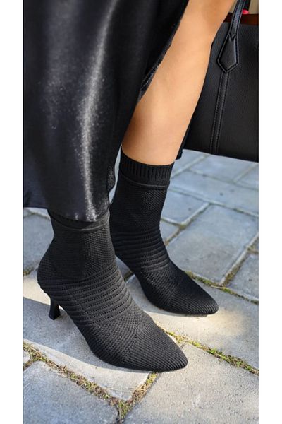 Afilli Black Women's Knitwear Goblet Short Heel Socks Stretch Laceless Slip on Pointed Toe Daily Boots Shoes