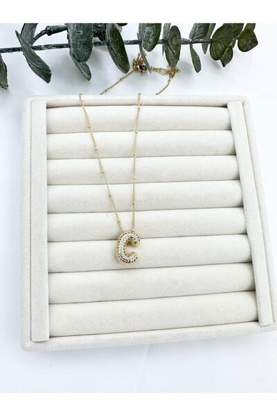 Jerie Gold Colored Steel Necklace with Stone Detail - Balloon Letter C