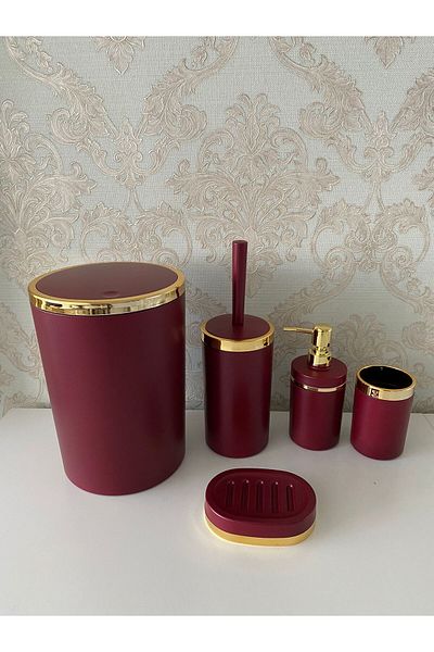 Trend Banyo Mutfak 5-Piece Red Gold Mat Bathroom Set - Wc Brush Holder, Liquid-Solid Soap Dispenser, Trash Can, Toothbrush Holder