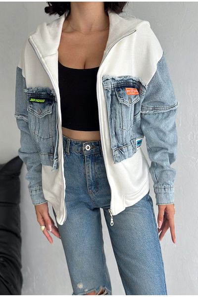 FEMELLE Jachetă albă de damă, cu fermoar, cu buzunar din denim, cu glugă