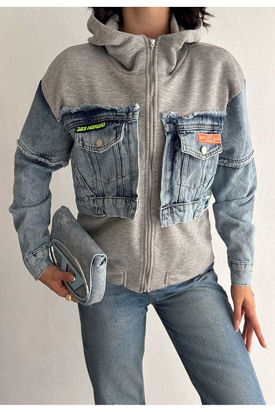 FEMELLE Women's Gray Zippered Pocket Jeans Detailed Hooded Design Jacket