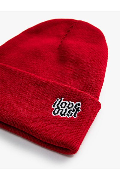 Koton Basic Knitted Beret with Slogan Embroidered Fold Detail