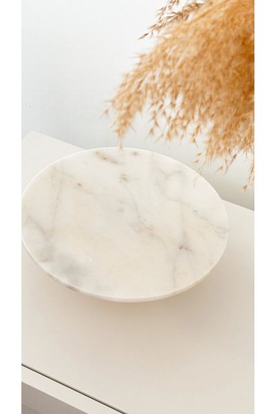 Minika Home Wooden Detailed Natural Marble Cake Cake Stand, Cheese Plate, Presentation Stand (Round Model)