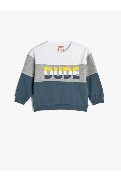 Koton Sweatshirt Crew Neck Color Block Printed Raised Cotton