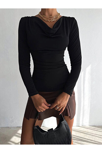 hazelin Black Degaje Collar - Side Gathered Long Sleeve Sandy Women's Blouse Hzl24W-Fry 122481