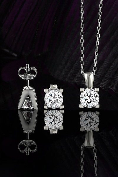 Else Silver Pırlanta Montürü V Kasa Tek Taş Kolye Küpe Gümüş Set