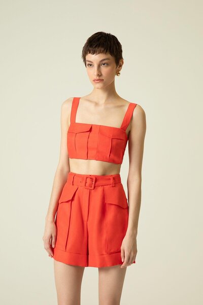 rue Cep Kapağı Detaylı Askılı Narçiçeği Crop Top