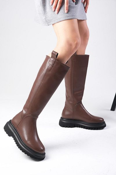 Mio Gusto Brown Leather Fur Lined Women's Boots with Back Zipper