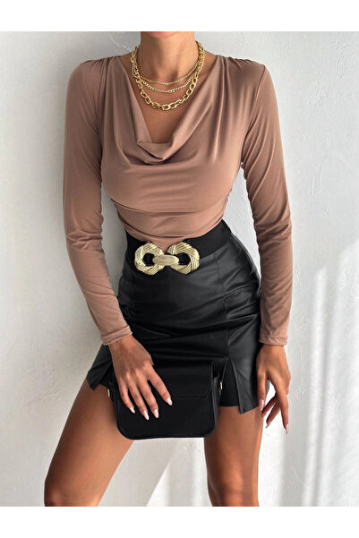 hazelin Kadın Bej Degaje Yaka Yandan Büzgülü Uzun Kol Sandy Bluz HZL24W-FRY122481