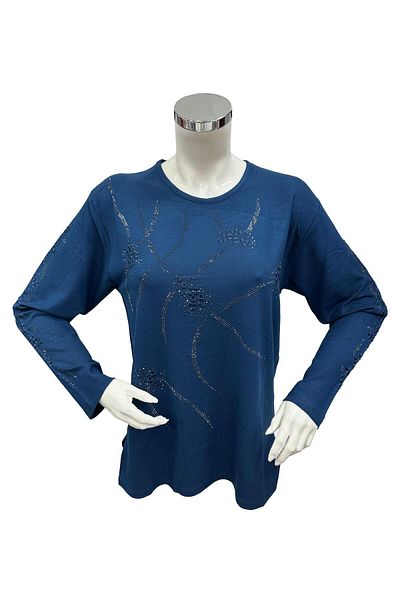 Moda Zeyn Bluză albastră din bumbac pieptănat din viscoză - cu model brodat pe calea navigabilă și cu piatră