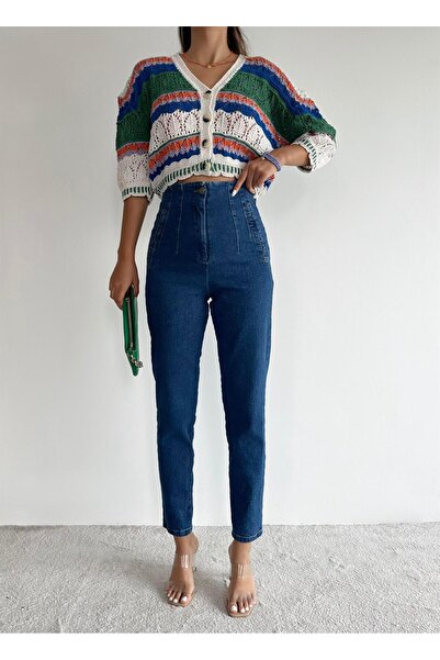 Angel Mia Yüksek Bel Pensli Jean Pantolon Koyu Mavi